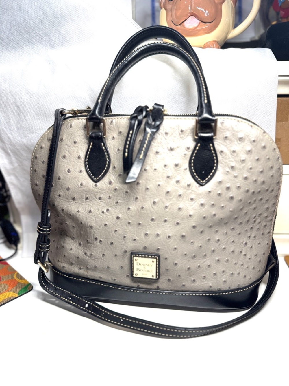Dooney & Bourke gray  Ostrich-Embossed Satchel with Black Trim